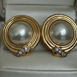 Butler Gold and Faux Pearl Clip Earrings with Crystal Accents